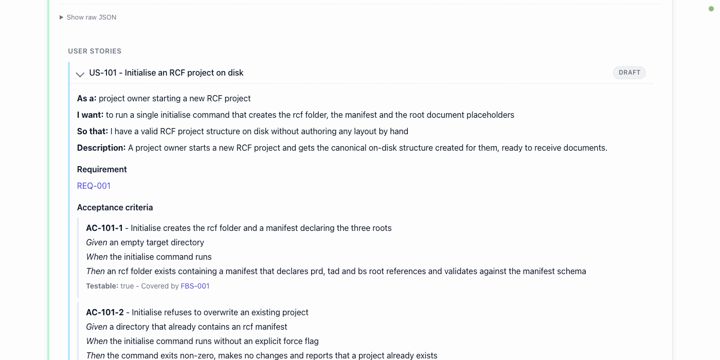 Tree viewer requirements chain: a user story expanded under its requirement, with the story's As-a / I-want / So-that and its acceptance criteria written as Given / When / Then, each criterion linked to the build item that covers it.